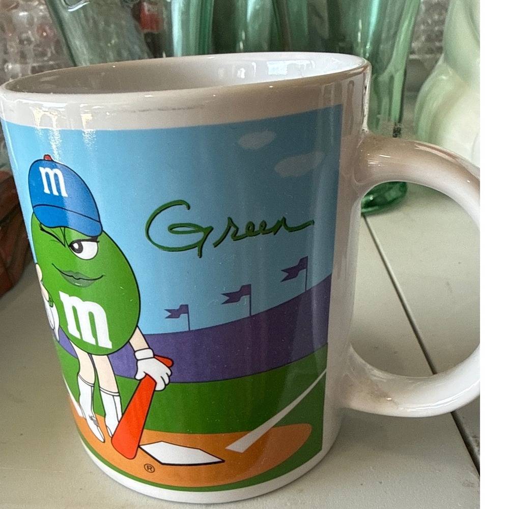 Vintage 2002 M&M's Galerie Ceramic Mug Green Baseball Yellow Basketball Sports